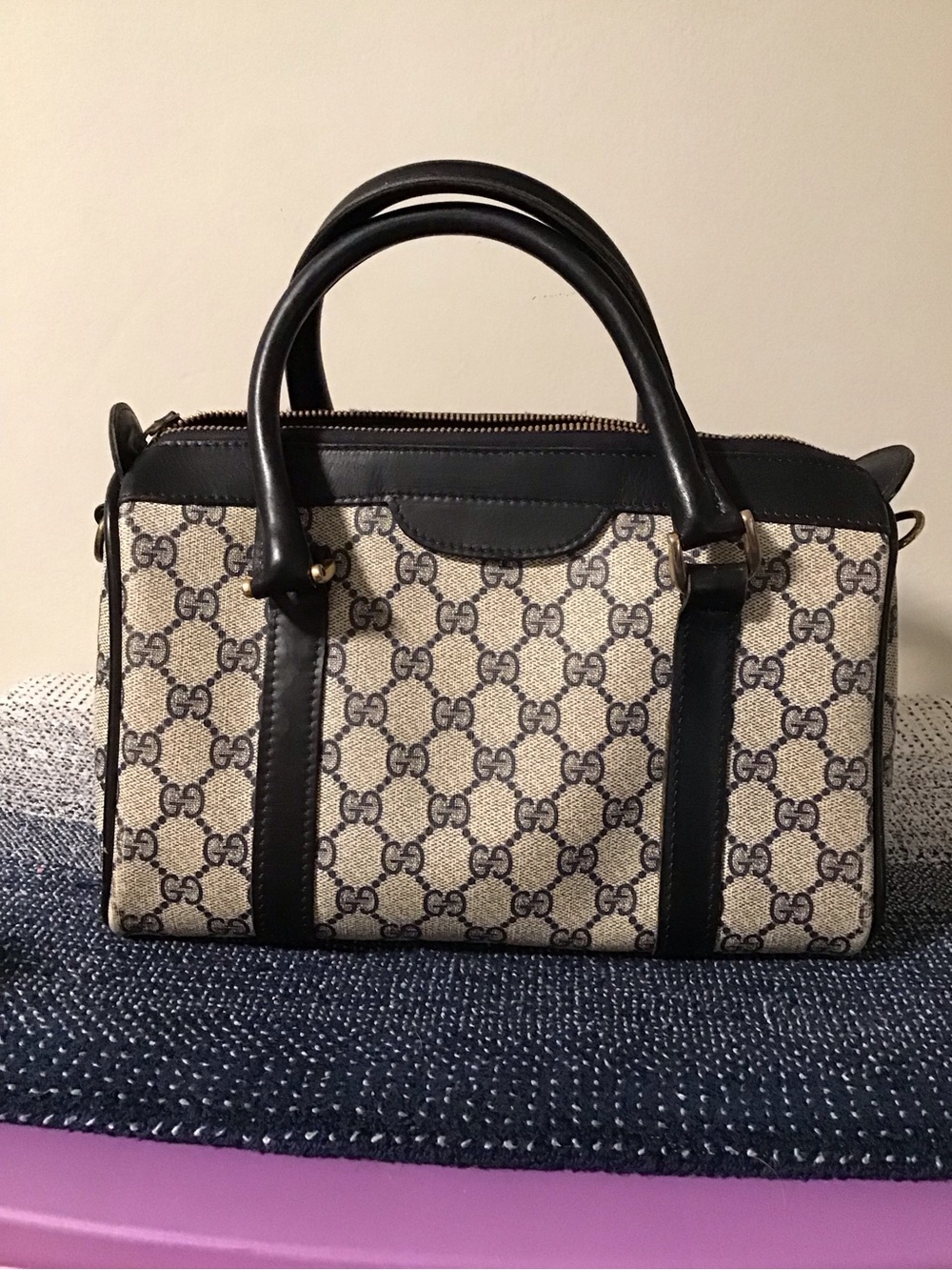 Gucci Beige GG Canvas Satchel with Black Leather Trim